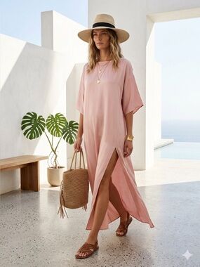 Paul & Joe powder pink satin short-sleeve maxi dress - size FR 44 (Large) NWOT